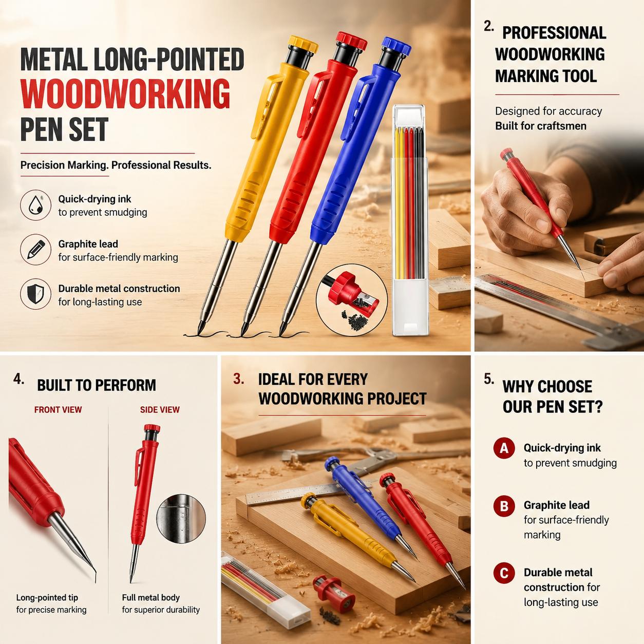 Workshop Tools Engineering - プロ仕様の金属製ロングチップ木工用鉛筆、深穴マーキング用グラファイト芯、速乾性メカニカルペンシルキット、スクライバーマーカーツール、建設、大工、ワークショップ、エンジニアリング、製図、精密測定ツール