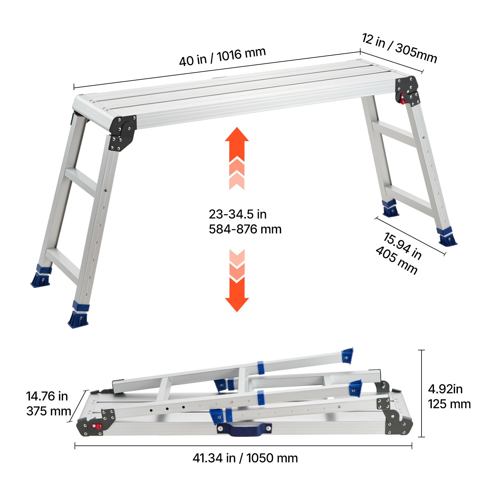 Workbench Portable Fold - 折りたたみ式作業台、高さ調整可能（23～34.5インチ）、40 x 12インチのアルミ製ステップスツール、耐荷重500ポンド、頑丈な滑り止めプラットフォームラダー、塗装やメンテナンス用のポータブル作業台