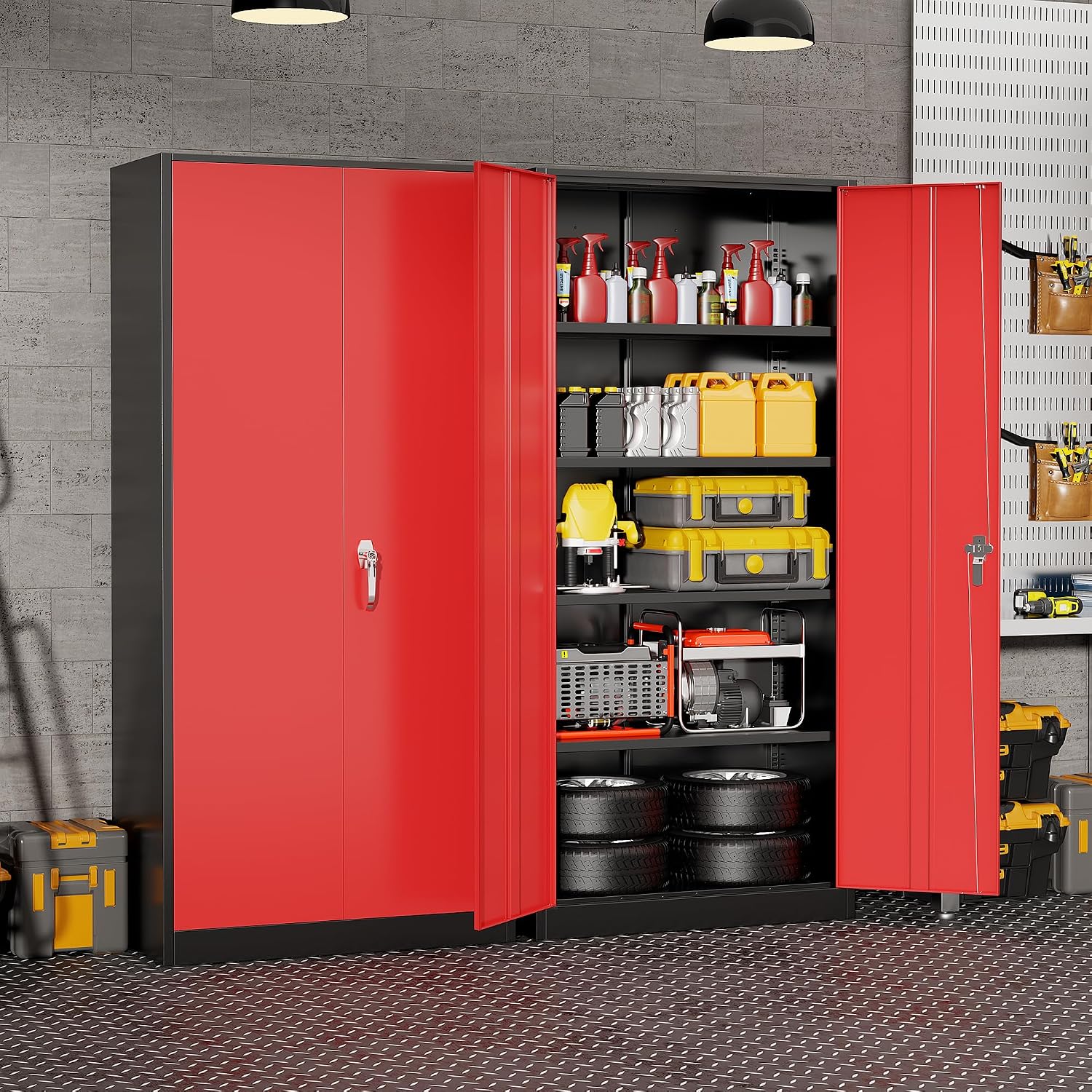 頑丈な金属製ガレージ収納キャビネット、スチール製ロック式ユー - Tools In Metal Workshop のレビューと価格