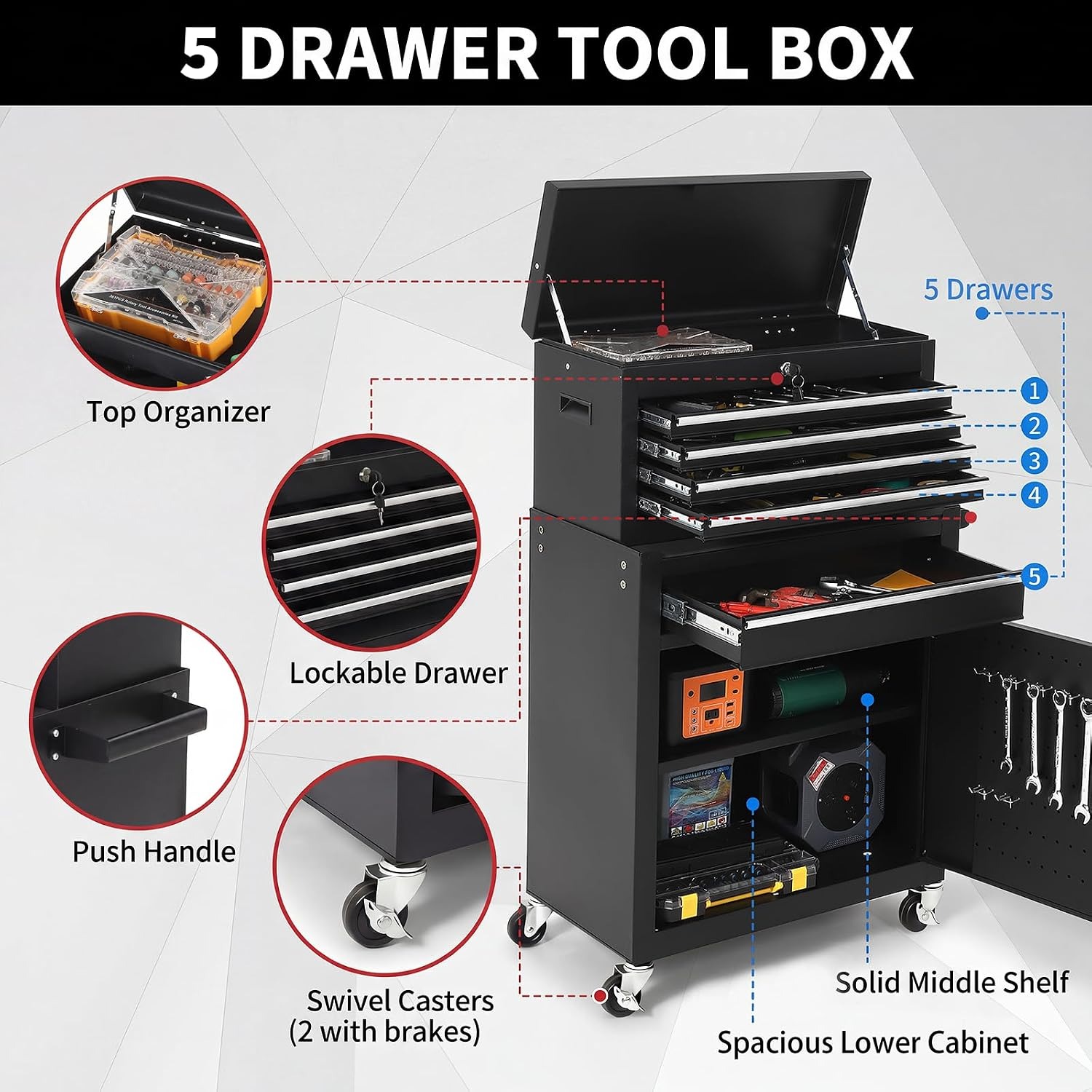 5段引き出し式ローリングツールキャビネット（ロック可能な取り - Tools Trolley For Workshop のレビューと価格