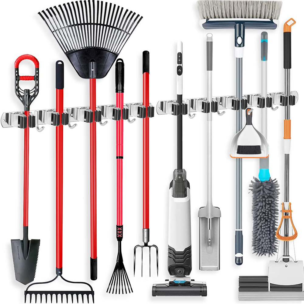 ステンレス製モップ＆ほうきホルダー壁掛け多機能収納ラック、浴 - Workshop Tools On Wall のレビューと価格